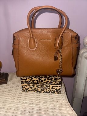 Michael Kors Cognac Pebbled Leather Satchel with Heart Charm